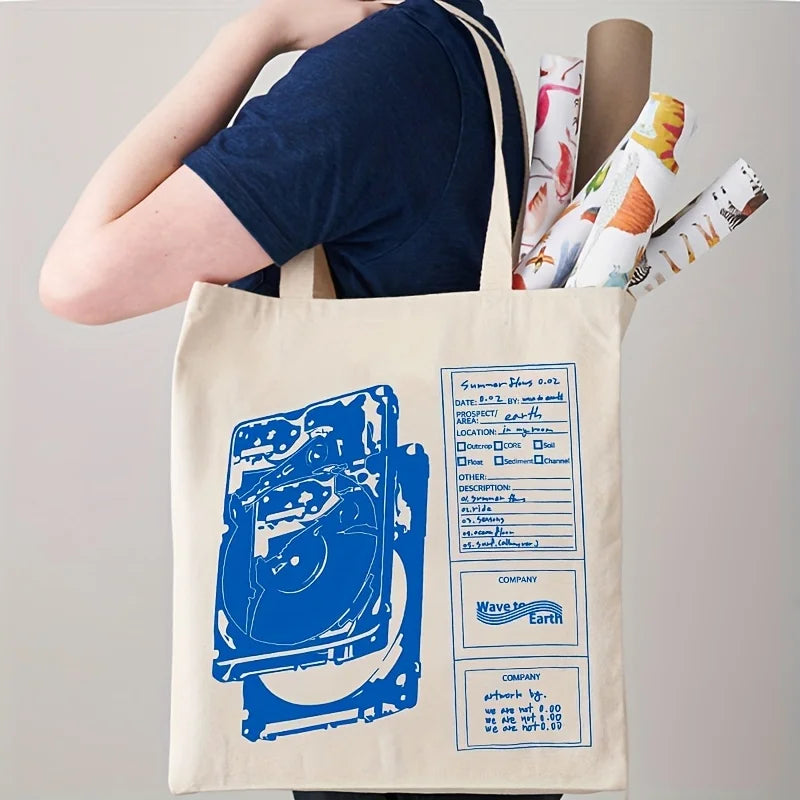 "Wave To Earth Summer Flows" Pattern Retro Record Graphics Canvas Tote Bag
