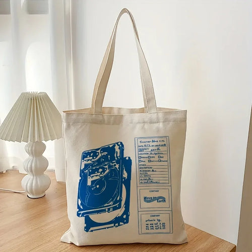 "Wave To Earth Summer Flows" Pattern Retro Record Graphics Canvas Tote Bag